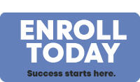 A simple and inviting graphic with a blue background featuring the words 'ENROLL TODAY' in bold, capitalized white letters. Below the main text, a smaller phrase says 'Success starts here:', indicating an encouragement for viewers to sign up or register, likely for educational purposes or a program.