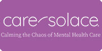 A serene graphic with a purple background, featuring the words 'care solace' in lowercase white cursive script, connected by a tilde symbol. A smaller caption below reads 'Calming the Chaos of Mental Health Care', suggesting services or resources related to mental health support and management.