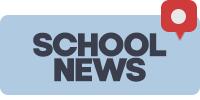 A clean and straightforward graphic featuring 'SCHOOL NEWS' in bold, dark letters on a light blue rectangular background. A red location pin icon is positioned at the top right corner, suggesting an update or notification related to school events or announcements.