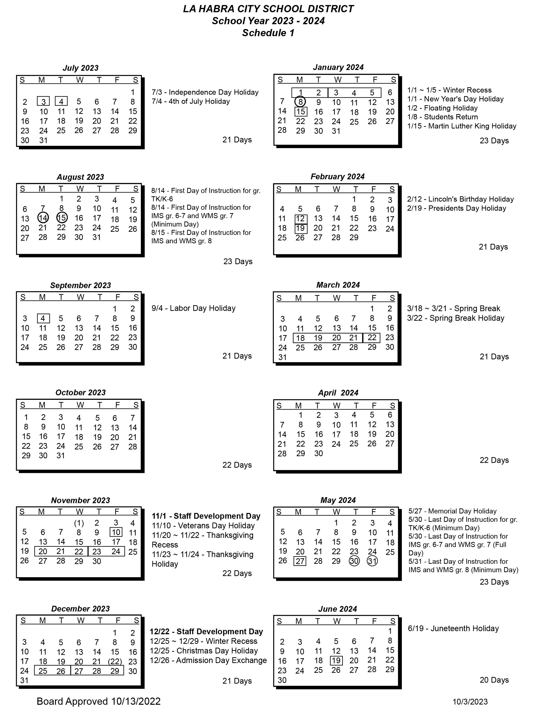 School Year Calendar Schedule 1