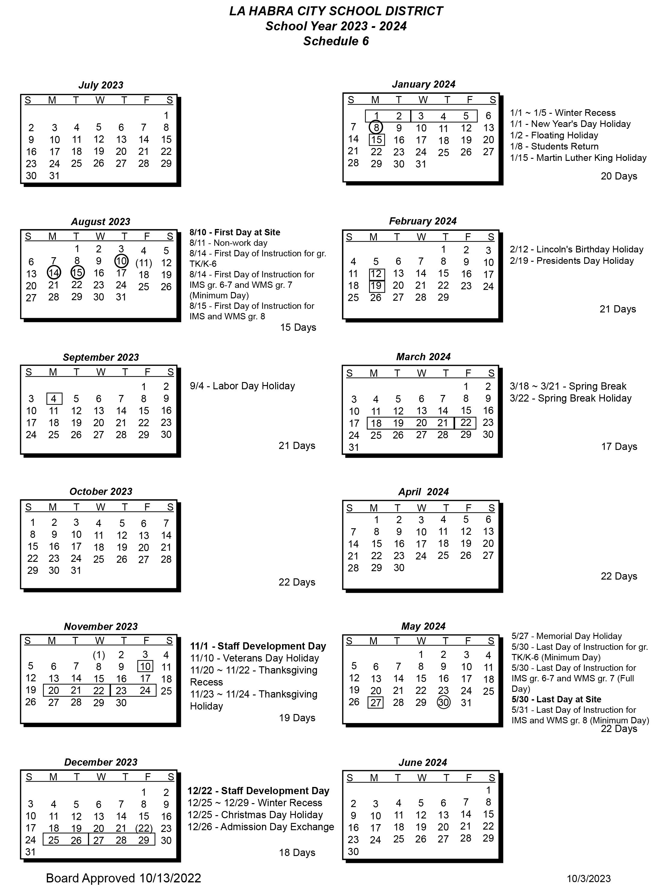 School Year Calendar Schedule 6