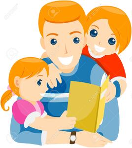 Cartoon image Father reading a book to a small girl and boy